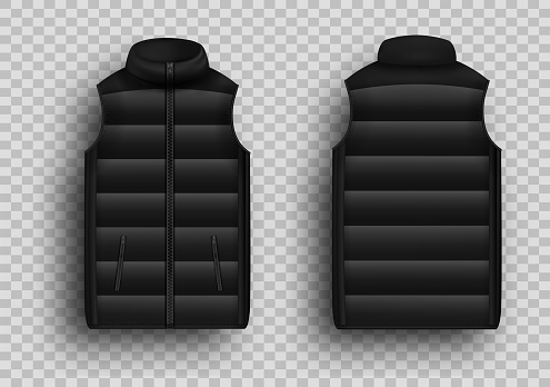 Black winter puffer vest, sleeveless jacket mockup set, vector illustration isolated on transparent background. Realistic warm waistcoat, down padded vest, front and back view.