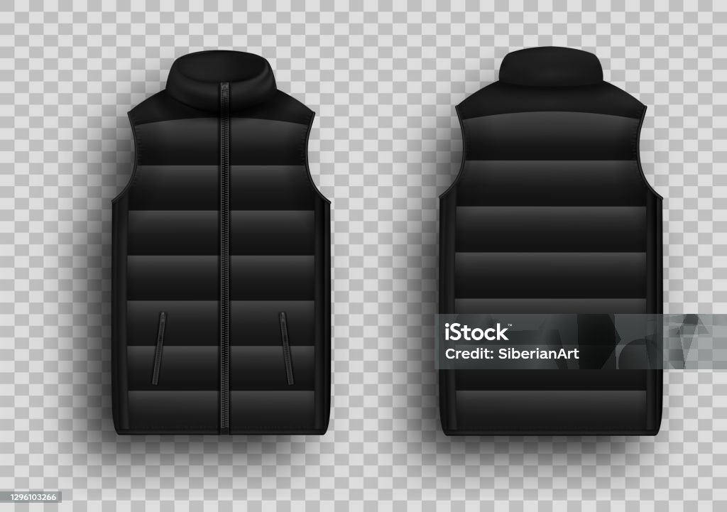 Black Winter Puffer Vest Sleeveless Jacket Mockup Set Vector