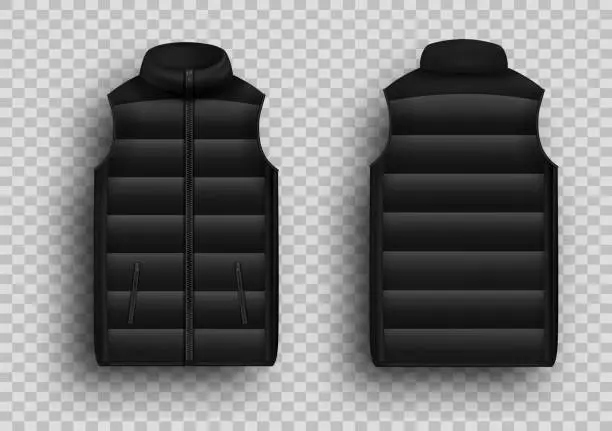 Vector illustration of Black winter puffer vest, sleeveless jacket mockup set, vector illustration. Realistic down vest, front and back view.