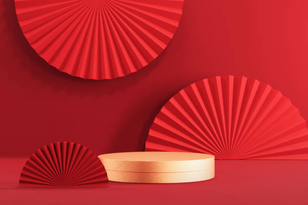 istock Chinese new year, Golden podium display mockup on red abstract background 1296106890