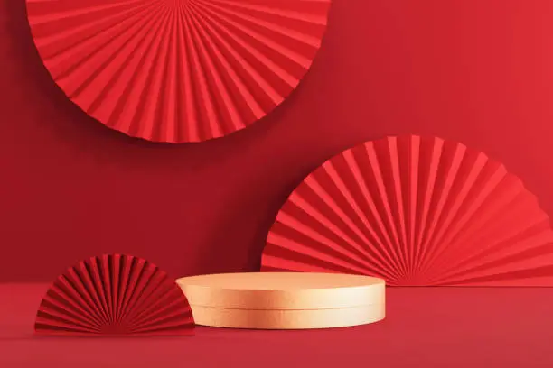 Photo of Chinese new year, Golden podium display mockup on red abstract background