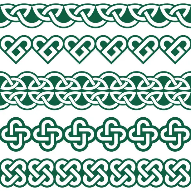 Vector illustration of Irish Celtic vector seamless vector braided green patterns collection, border and frame design, perfect for greeting cards, St Patrick's Day celebration