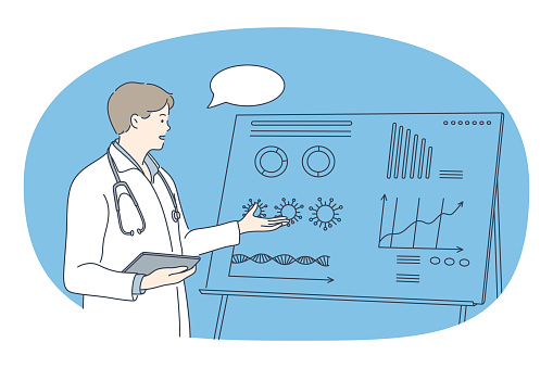 Medical research and presentation concept. Young positive man doctor or intern cartoon character in white uniform standing and making medical scientific presentation on board for audience