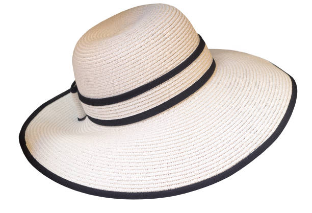 Women's summer hat with large brim, decorated with black ribbon, for protection from the sun.