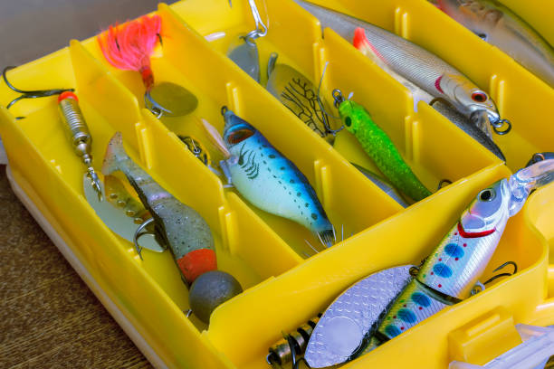 istock Fishing tackle: a set of spoons in the container. 1296111383