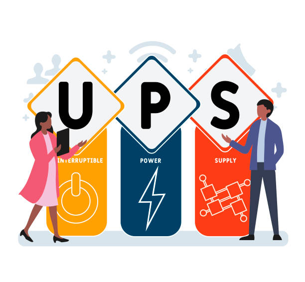 Flat design with people. UPS - Uninterruptible Power Supply acronym, business concept background. Flat design with people. UPS - Uninterruptible Power Supply acronym, business concept background. Vector illustration for website banner, marketing materials, business presentation, online ups power supply stock illustrations