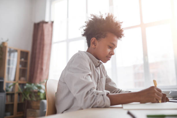 istock Smiling African-American Boy doing Homework by Window 1296112759