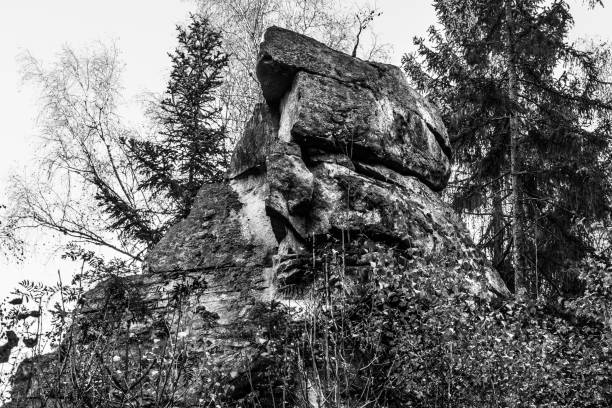 Black and white image of mystical rock group and stone group Teufelsstein near the Teufelsmuehle near Rattenberg with the rock face a face or grimace of a devil's face natural origin and natural phenomenon, Bavarian Forest imagen en blanco y negro del grupo de roca místico y grupo de piedra teufelsstein cerca del teufelsmuehle cerca de rattenberg con la roca se enfrentan a una cara o mueca de cara del diablo origen natural y fenómeno natural, bosque bávaro