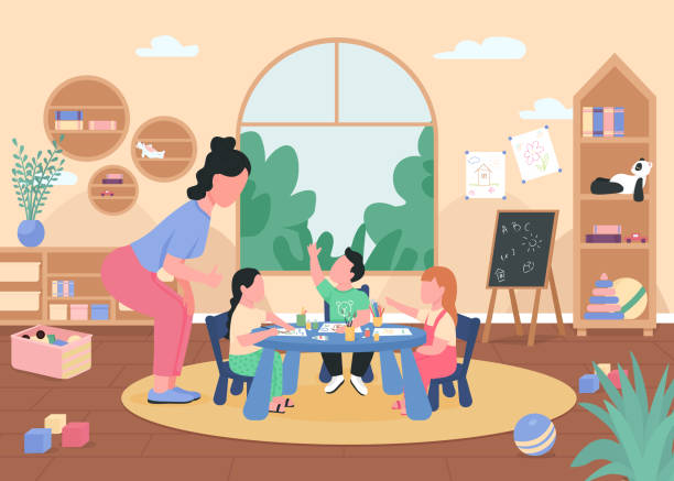ilustrações de stock, clip art, desenhos animados e ícones de art class in kindergarten flat color vector illustration - kindergarden