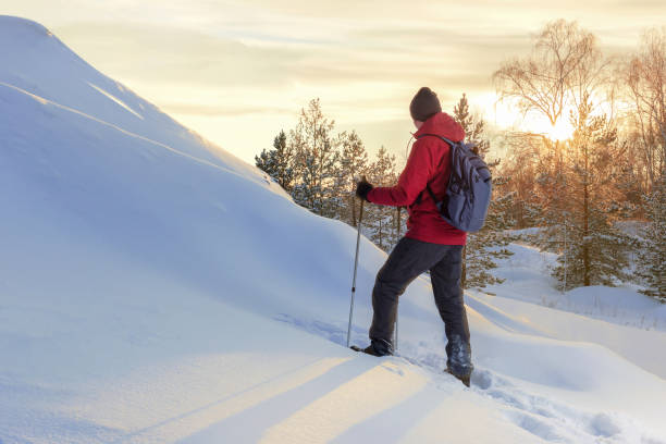 istock Traveling man looking on sunset in wihter mountains. 1296114118