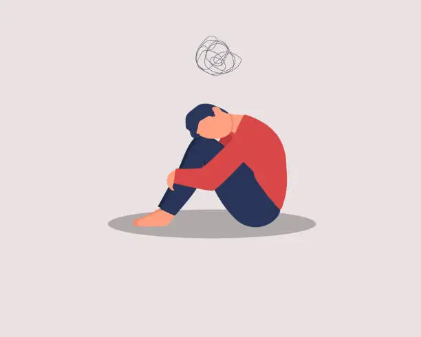 Vector illustration of Depressed male character sitting on floor and hugging knees, above scribble. Mental health concept. Depression, bipolar disorder, dementia, obsessive compulsive, post traumatic stress disorder.