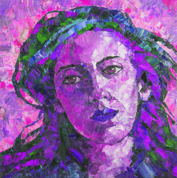 bildbanksillustrationer, clip art samt tecknat material och ikoner med illustration oljemålning porträtt av kvinna med bruna ögon på en pittoresk abstrakt bakgrund i lila kvällsfärger - mature women model