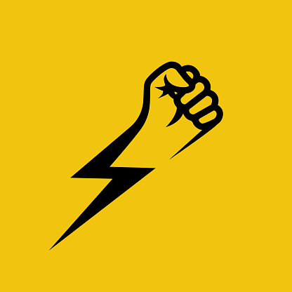 Fist lightning. Symbol protest. Black silhouette of a hand and flash. Vector illustration flat design. Isolated on yellow background. Gesture fist pictogram. Power icon. Symbol of victory and leader.