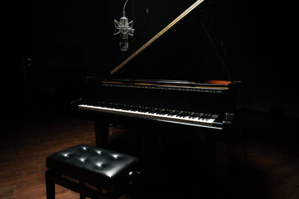 istock Black grand piano, black bench and condenser microphone, highlighted in dark space 1296117832