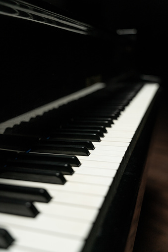 Close up view of black and white piano keys. Musical instrument stock photo