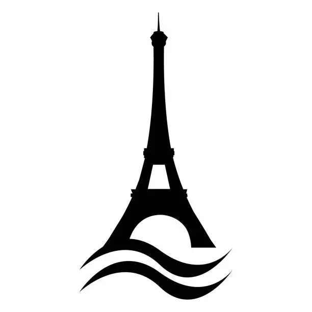 Vector illustration of Eiffel Tower stylized silhouette with Seine river waves. Paris vector capital landmark. France.