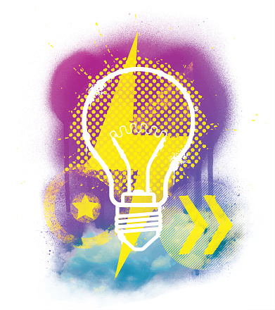 Creative spark concept abstract design. Bulb and lightning icon representing ideas, thinking outside the box, imagination, artistic creativity, problem solving. Abstract, grunge, spray, splatter design background.