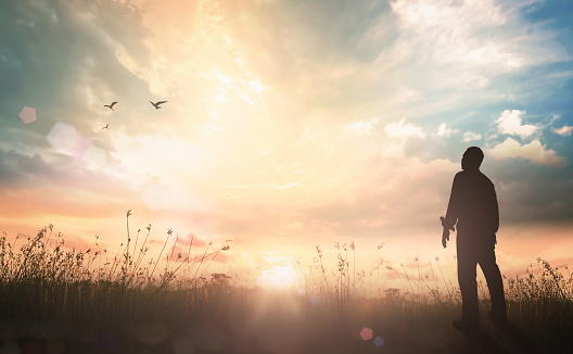 Worship and praise God concept: Silhouette humble man standing on sunlight with meadow autumn sunset background