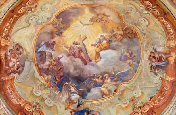 Como - The ceiling fresco Glory of Holy Trinity in church Santuario del Santissimo Crocifisso by Gersam Turri.