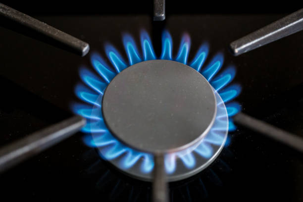 istock Gas hob in the kitchen with blue flames burning 1296120184