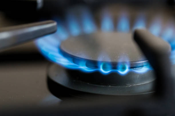 istock Gas hob in the kitchen with blue flames burning 1296120234