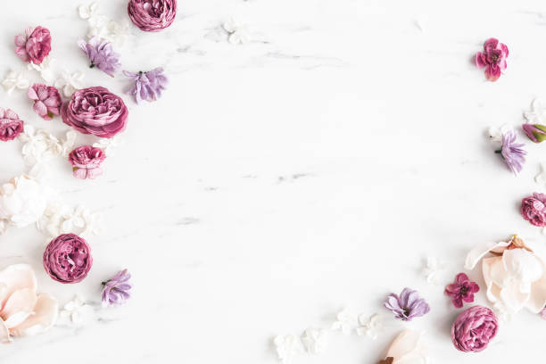 istock Flowers composition. White and purple flowers on marble background. Flat lay, top view 1296121541