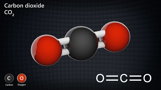 Carbon dioxide (formula CO2) is a colorless, odorless gas. It is formed in the process of breathing. Chemical structure model: Ball and Stick. 3D illustration.