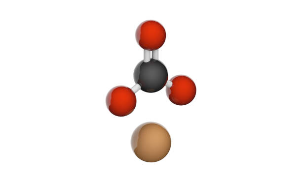 Copper(II) carbonate or cupric carbonate is a chemical compound with formula CuCO3. Chemical structure model: Ball and Stick. 3D illustration. Isolated on white background.