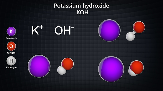 Potassium hydroxide is an inorganic compound with the formula KOH or HKO. It is commonly called caustic potash. Chemical structure model: Ball and Stick + Balls + Space-Filling. 3D illustration.