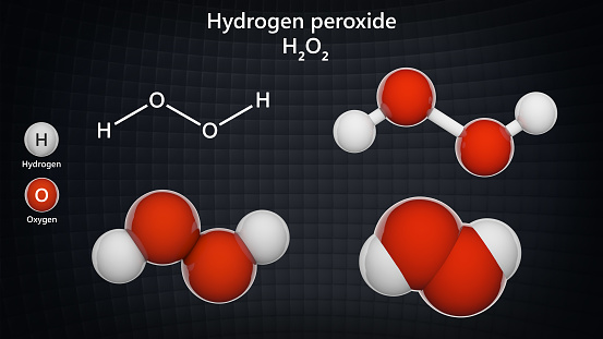 Structural chemical formula and molecular structure of hydrogen peroxide(H2O2). Chemical structure model: Ball and Stick + Balls + Space-Filling. 3D illustration.