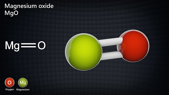 Magnesium oxide (formula: MgO). An inorganic compound that occurs in nature as the mineral periclase. Chemical structure model: Ball and Stick. 3D illustration.