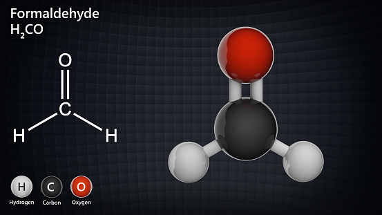 Formaldehyde is a naturally occurring organic compound with the formula H2CO or CH2O. Chemical structure model: Ball and Stick. 3D illustration.