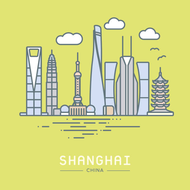 illustrazioni stock, clip art, cartoni animati e icone di tendenza di illustrazione vettoriale piatta dei monumenti della città di shanghai - huangpu district illustrations