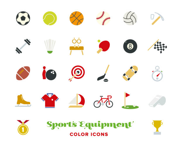illustrations, cliparts, dessins animés et icônes de ensemble vectoriel d’icônes de couleur d’équipement de sport. - baseballs ball sport gym