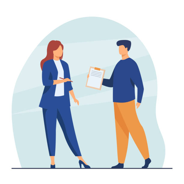 Manager giving document to female boss Manager giving document to female boss for signing. Leader, male assistant, agreement. Flat vector illustration. Contract, business, paperwork concept for banner, website design or landing web page man writing stock illustrations