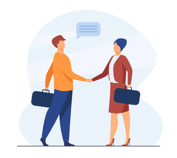 Business partners saying hello or closing deal Business partners saying hello or closing deal. Man and woman shaking hand. Flat vector illustration. Hiring, cooperation concept for banner, website design or landing web page couple relationship illustrations stock illustrations