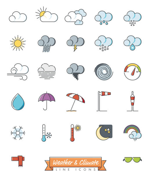 illustrations, cliparts, dessins animés et icônes de icônes vectorielles de ligne remplies de météorologie et de météorologie - barometer heat thermometer sun