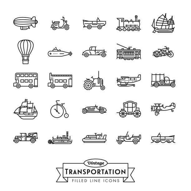 vintage transport linie icons sammlung - dampfschiff stock-grafiken, -clipart, -cartoons und -symbole