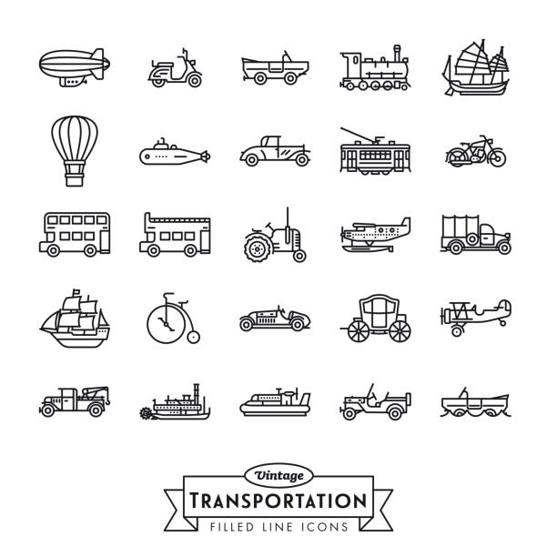 ilustraciones, imágenes clip art, dibujos animados e iconos de stock de colección de iconos de líneas de transporte vintage - coach bus illustrations