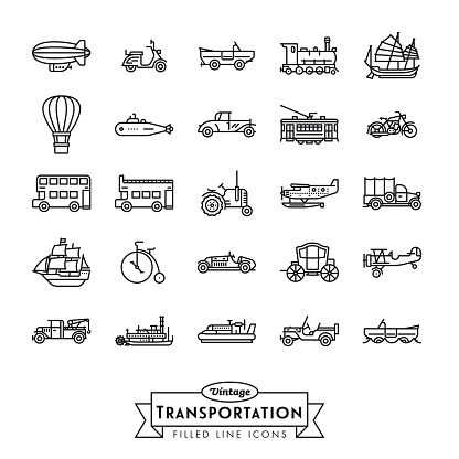 Collection of vintage transportation vehicles vector icons. Flat Outline Style.