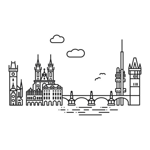 랜드마크 고립 라인 아이콘 스타일 벡터 일러스트가 있는 프라하 도시 경관 - prague czech republic church skyline stock illustrations