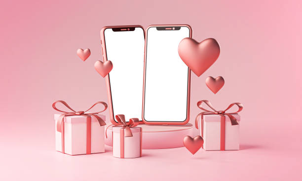 due smartphone mockup valentine theme love heart shape e gift box 3d rendering - february three dimensional shape heart shape greeting foto e immagini stock