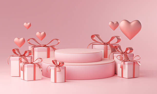 istock Stage Template Valentine Wedding Love Heart Shape and Gift Box 3D Rendering 1296125045