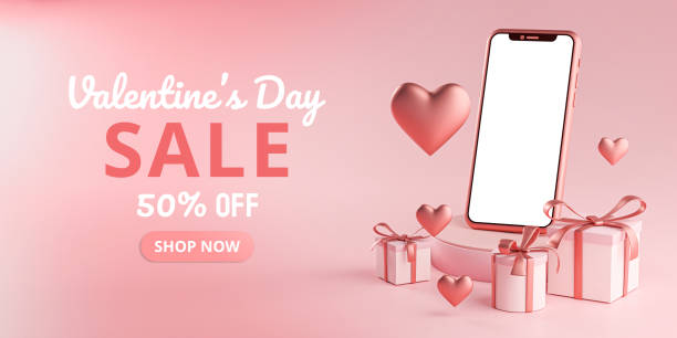 smartphone mockup valentine day sale love heart shape and gift box 3d rendering - february three dimensional shape heart shape greeting imagens e fotografias de stock