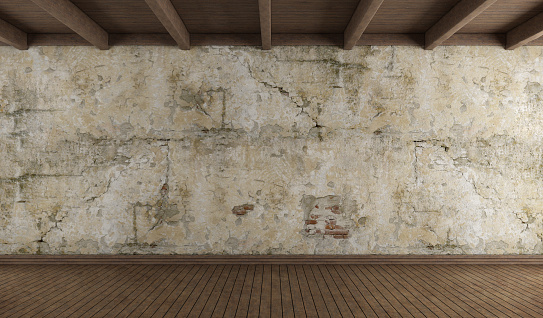 Empty room with old wall, hardwood floor and wooden ceiling - 3d rendering\n Note: the room does not exist in reality, Property model is not necessary