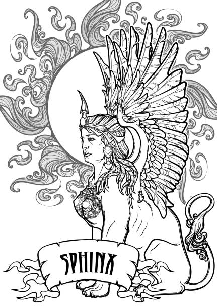 skizze zeichnung von sitzenden sphinx auf einem dekorativen hintergrund. - griechisches tattoo stock-grafiken, -clipart, -cartoons und -symbole
