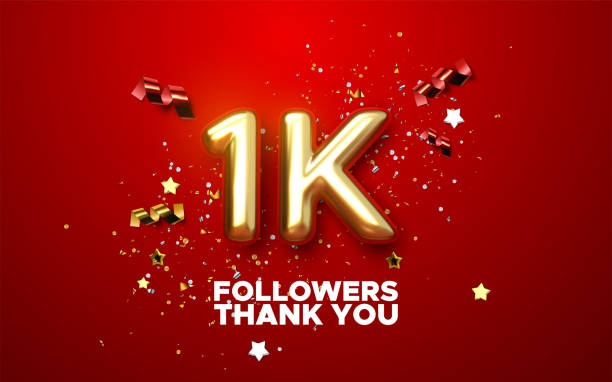 One thousand. Thank you followers One thousand. Thank you followers. Vector 3d illustration for blog or post design. 1K golden sign with confetti on red background. Social media festive banner. number 1000 stock illustrations