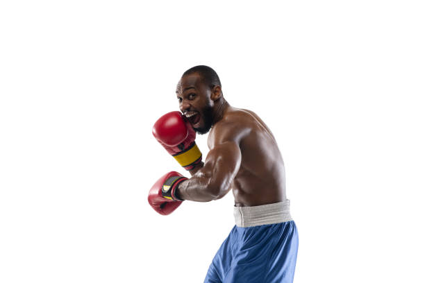 istock Bright emotions of professional boxer isolated on white studio background, excitement in game 1296128618