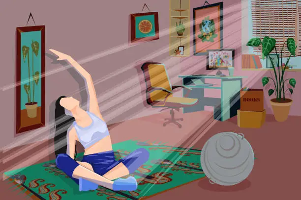 Vector illustration of Young woman practicing yoga in her cozy living room