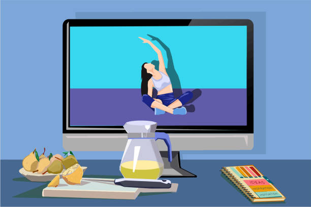 ilustrações, clipart, desenhos animados e ícones de aulas de exercícios online. jovem se exercitando - women home video camera camera vitality